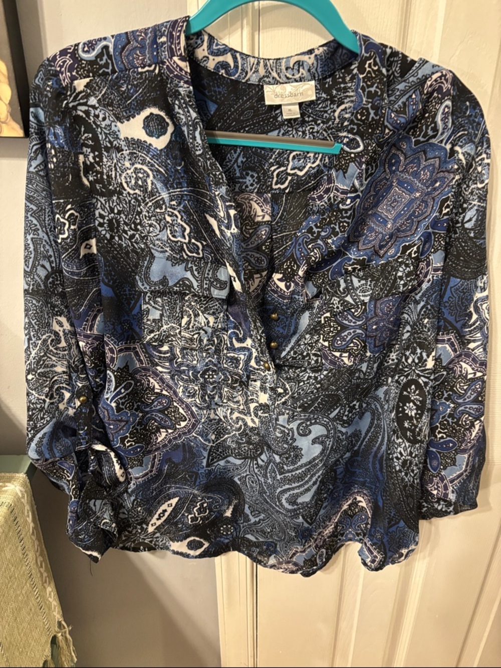 Dress Barn Blue and Black Paisley V-Neck Blouse